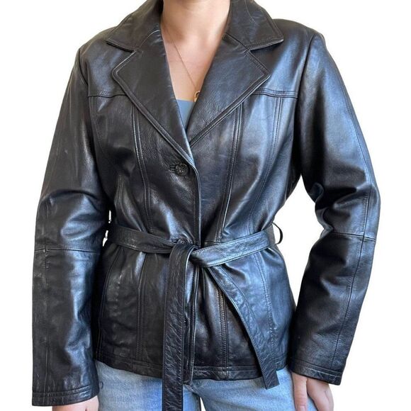 Vintage Womens 90s Wilsons Leather Black Minimalist Matrix Blazer Jacket Sz XL - Picture 2 of 8